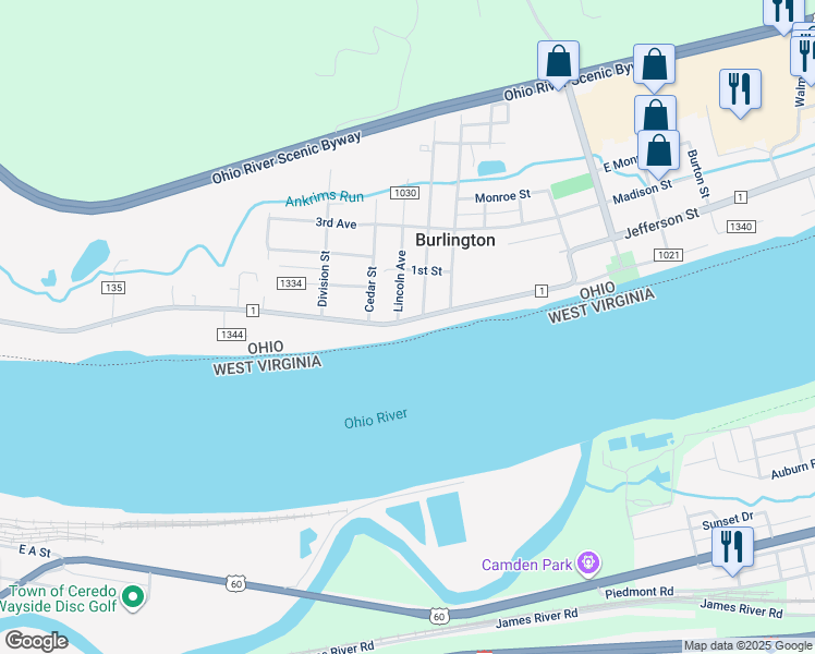 map of restaurants, bars, coffee shops, grocery stores, and more near 6894 County Road 1 in South Point