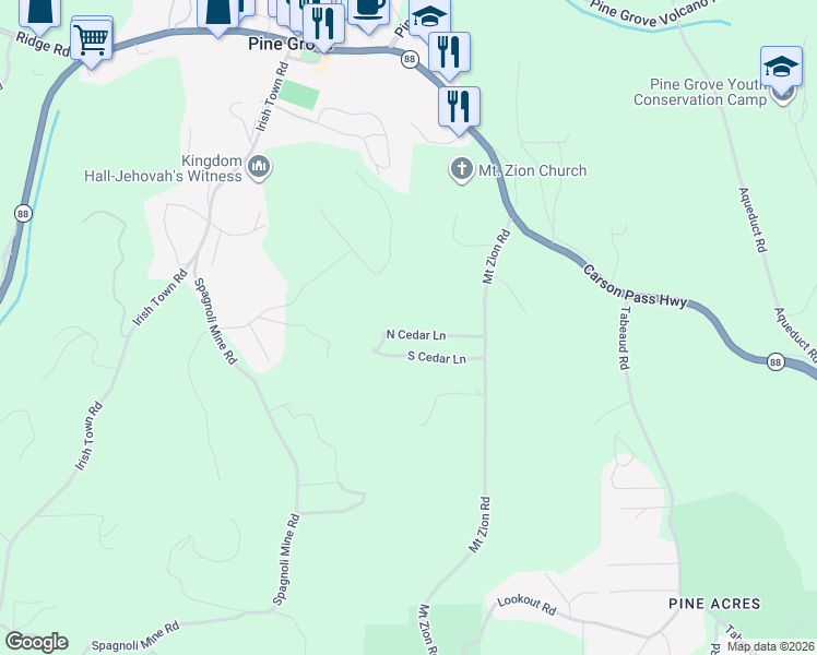 map of restaurants, bars, coffee shops, grocery stores, and more near 20095 North Cedar Lane in Pine Grove