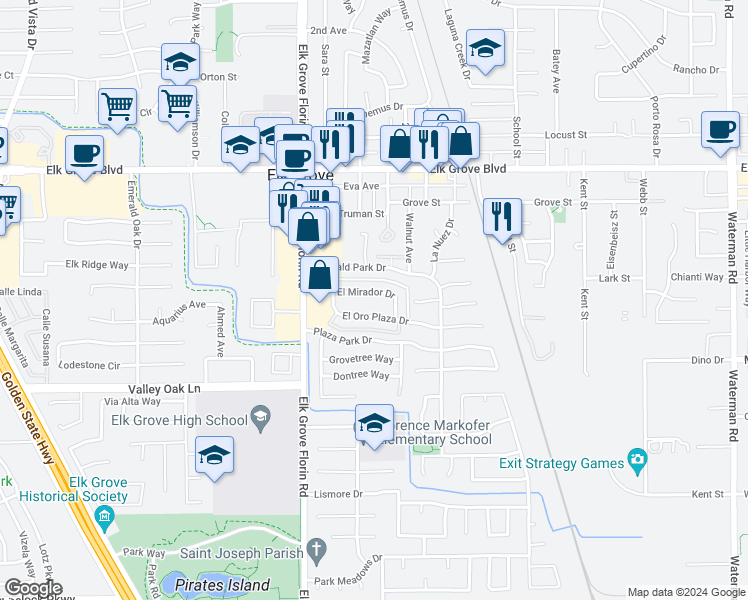 map of restaurants, bars, coffee shops, grocery stores, and more near 8958 El Mirador Drive in Elk Grove