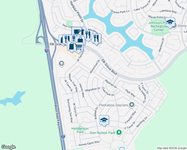 map of restaurants, bars, coffee shops, grocery stores, and more near 9752 Sage Thrasher Circle in Elk Grove