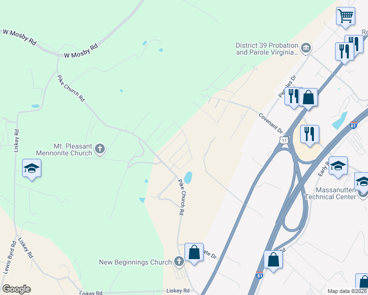 map of restaurants, bars, coffee shops, grocery stores, and more near 723 Pike Church Road in Harrisonburg