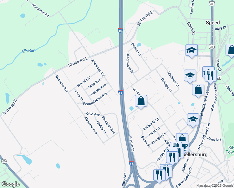 map of restaurants, bars, coffee shops, grocery stores, and more near 518 Allentown Road in Sellersburg
