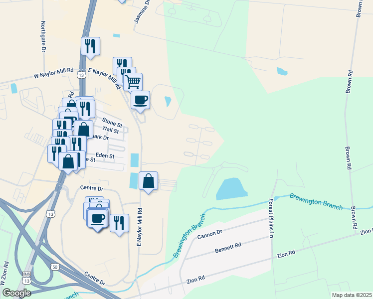map of restaurants, bars, coffee shops, grocery stores, and more near 413 Lindenhurst Court in Salisbury