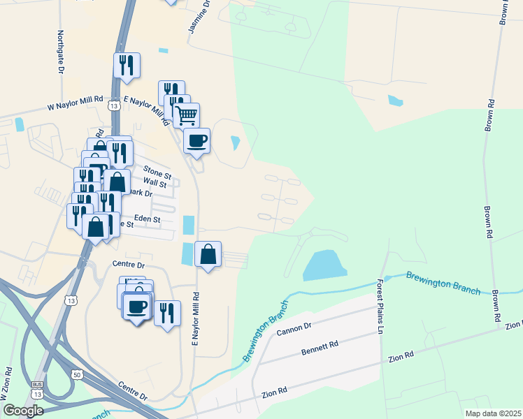 map of restaurants, bars, coffee shops, grocery stores, and more near 413 Lindenhurst Court in Salisbury