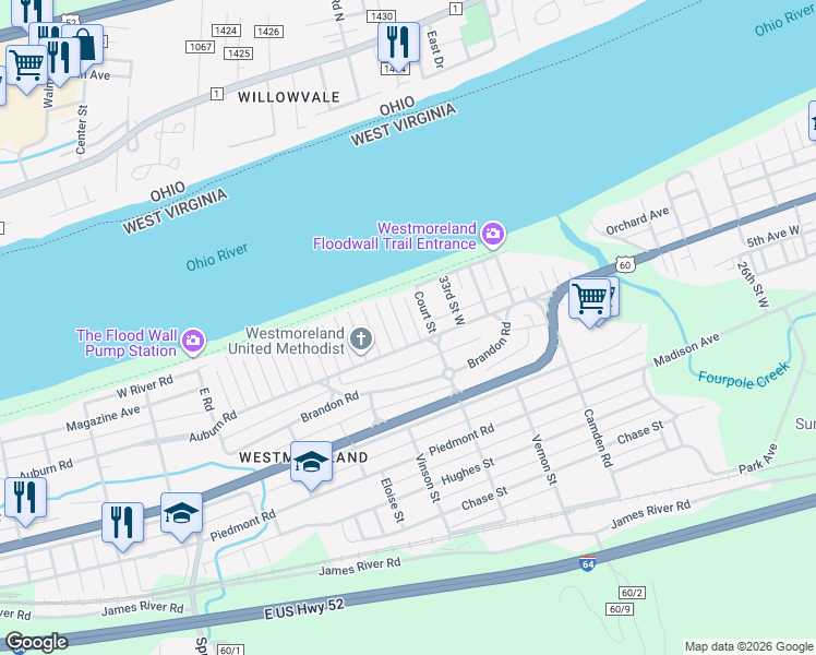 map of restaurants, bars, coffee shops, grocery stores, and more near 270 Court Street West in Huntington
