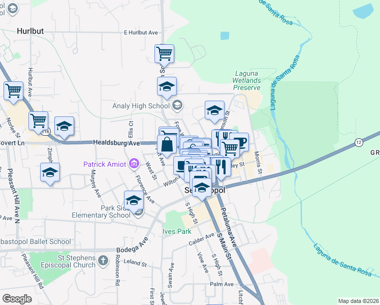 map of restaurants, bars, coffee shops, grocery stores, and more near 343 North Main Street in Sebastopol