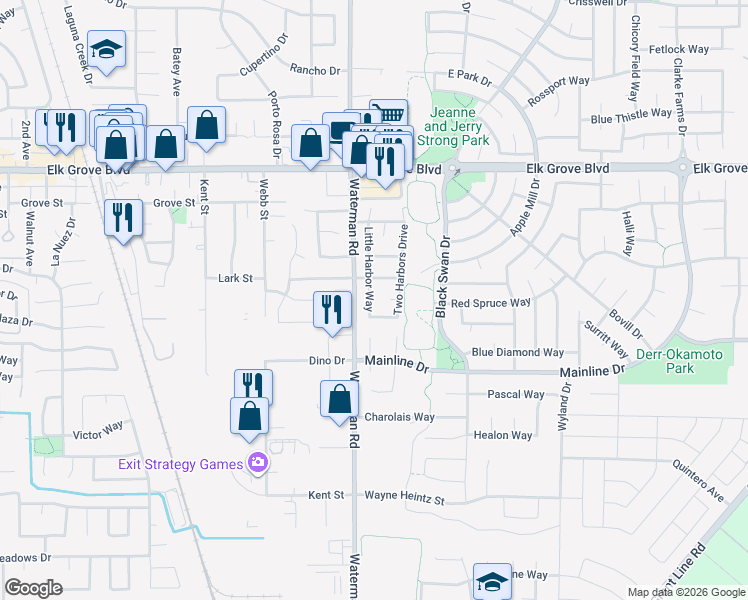 map of restaurants, bars, coffee shops, grocery stores, and more near 9701 Little Harbor Way in Elk Grove
