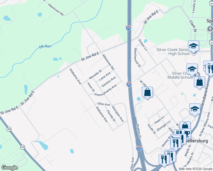 map of restaurants, bars, coffee shops, grocery stores, and more near 633 Denton Ave in Sellersburg