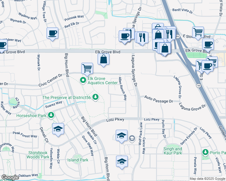 map of restaurants, bars, coffee shops, grocery stores, and more near 9713 Latana Court in Elk Grove