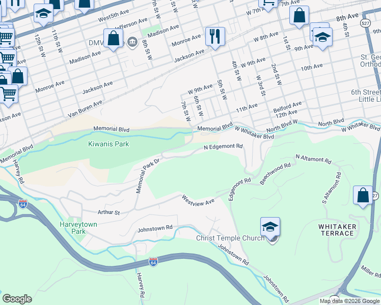 map of restaurants, bars, coffee shops, grocery stores, and more near 156 South Edgemont Road in Huntington