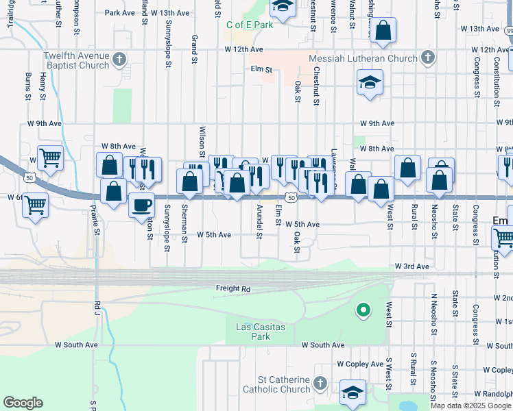 map of restaurants, bars, coffee shops, grocery stores, and more near 1407 W 6th Ave in Emporia