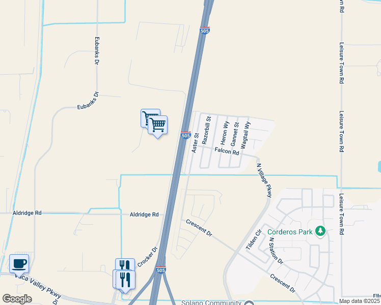map of restaurants, bars, coffee shops, grocery stores, and more near 446 Aster Street in Vacaville
