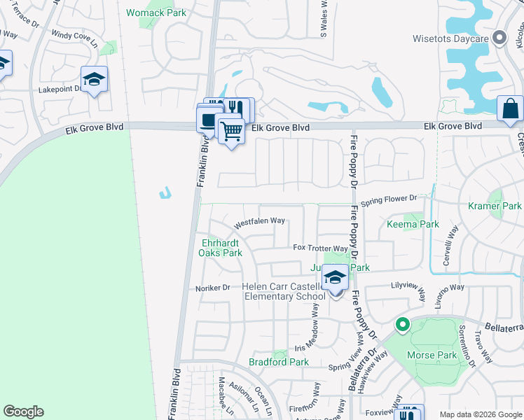map of restaurants, bars, coffee shops, grocery stores, and more near 9769 Westfalen Way in Elk Grove