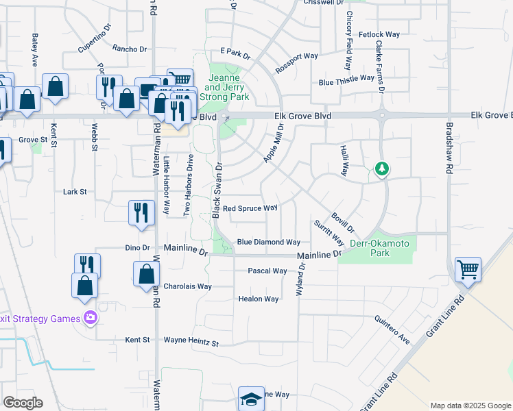 map of restaurants, bars, coffee shops, grocery stores, and more near 9437 Red Spruce Way in Elk Grove