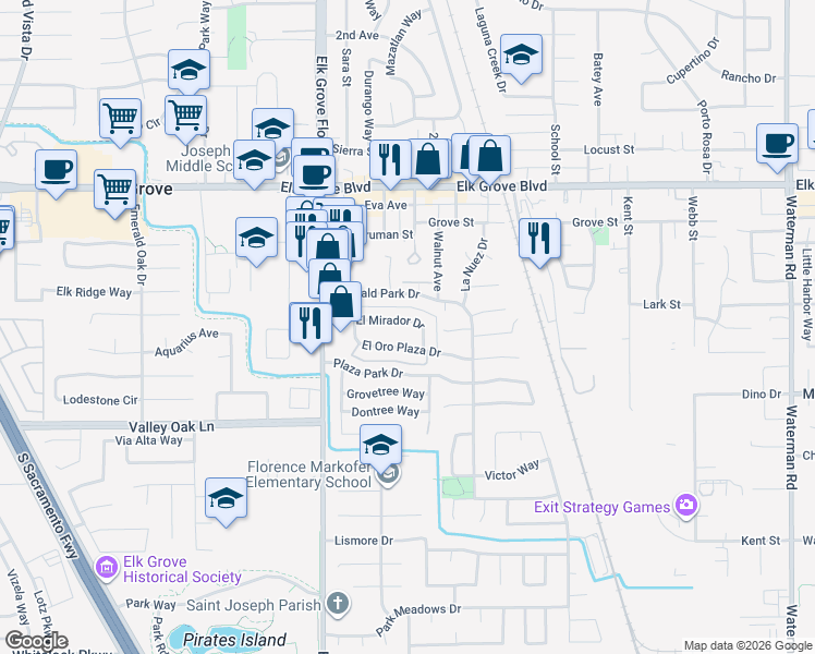 map of restaurants, bars, coffee shops, grocery stores, and more near 8964 El Mirador Drive in Elk Grove