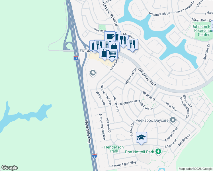 map of restaurants, bars, coffee shops, grocery stores, and more near 9739 Ruddy Duck Way in Elk Grove