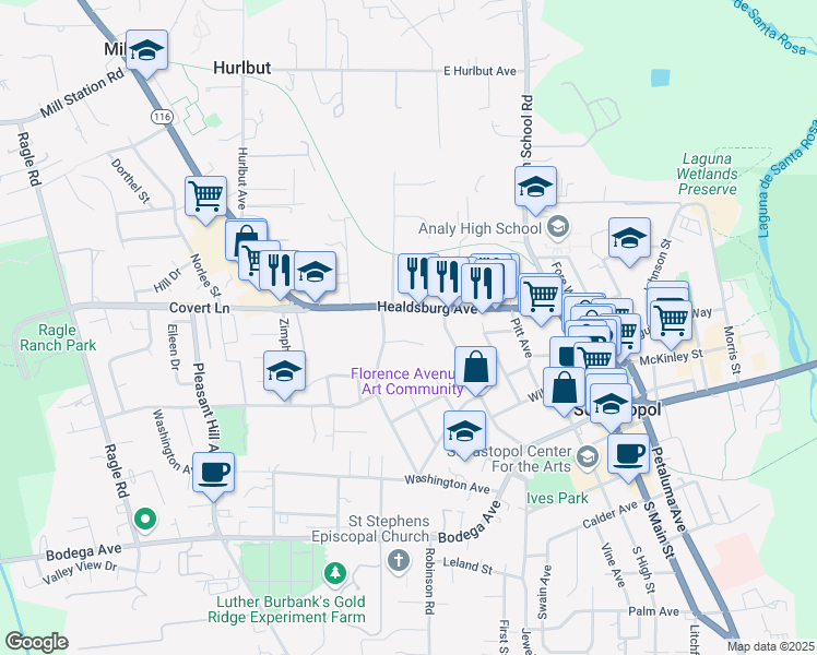 map of restaurants, bars, coffee shops, grocery stores, and more near 7600 Bately Court in Sebastopol