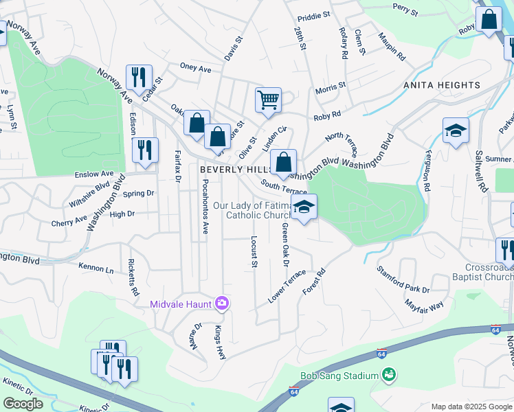 map of restaurants, bars, coffee shops, grocery stores, and more near 112 Locust Street in Huntington