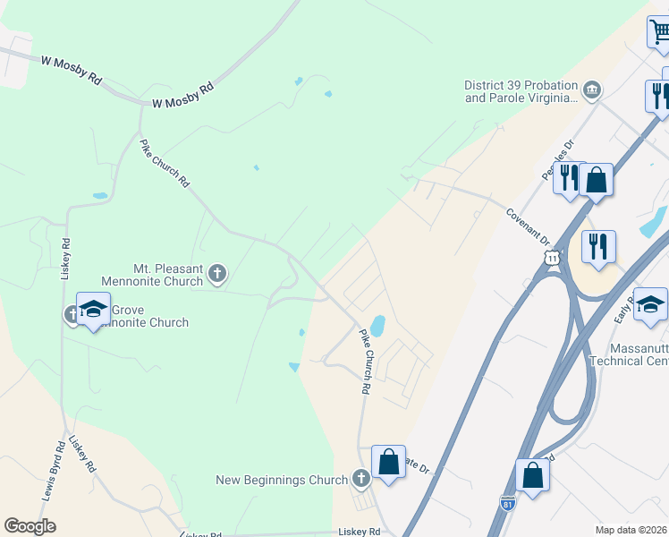 map of restaurants, bars, coffee shops, grocery stores, and more near 723 Pike Church Road in Harrisonburg