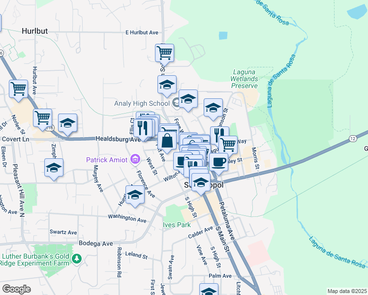 map of restaurants, bars, coffee shops, grocery stores, and more near 353 North Main Street in Sebastopol