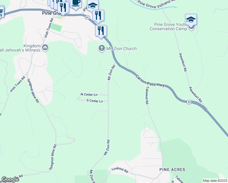 map of restaurants, bars, coffee shops, grocery stores, and more near 13638 Mount Zion Road in Pine Grove