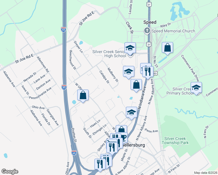map of restaurants, bars, coffee shops, grocery stores, and more near 599 Catalpa Street in Sellersburg