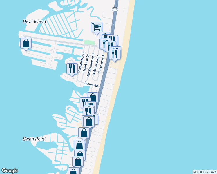 map of restaurants, bars, coffee shops, grocery stores, and more near 6 87th Street in Ocean City