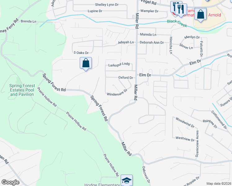 map of restaurants, bars, coffee shops, grocery stores, and more near 2136 Windemere Drive in Imperial