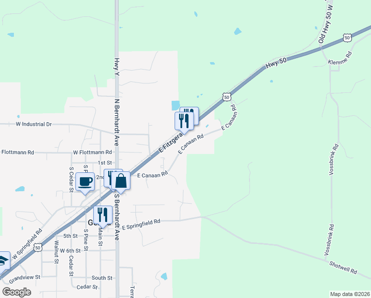 map of restaurants, bars, coffee shops, grocery stores, and more near 422 East Canaan Road in Gerald