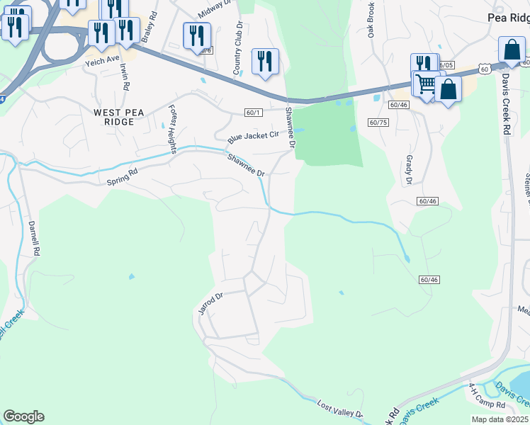 map of restaurants, bars, coffee shops, grocery stores, and more near 5730 Shawnee Drive in Huntington