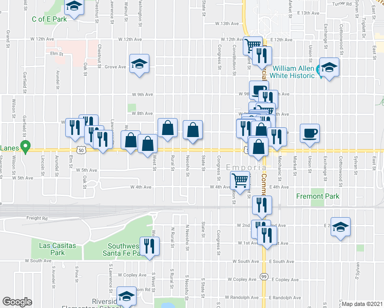 map of restaurants, bars, coffee shops, grocery stores, and more near 423 West 6th Avenue in Emporia