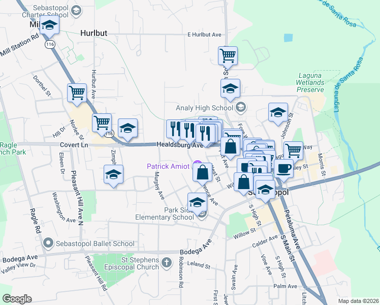 map of restaurants, bars, coffee shops, grocery stores, and more near 443 Florence Avenue in Sebastopol