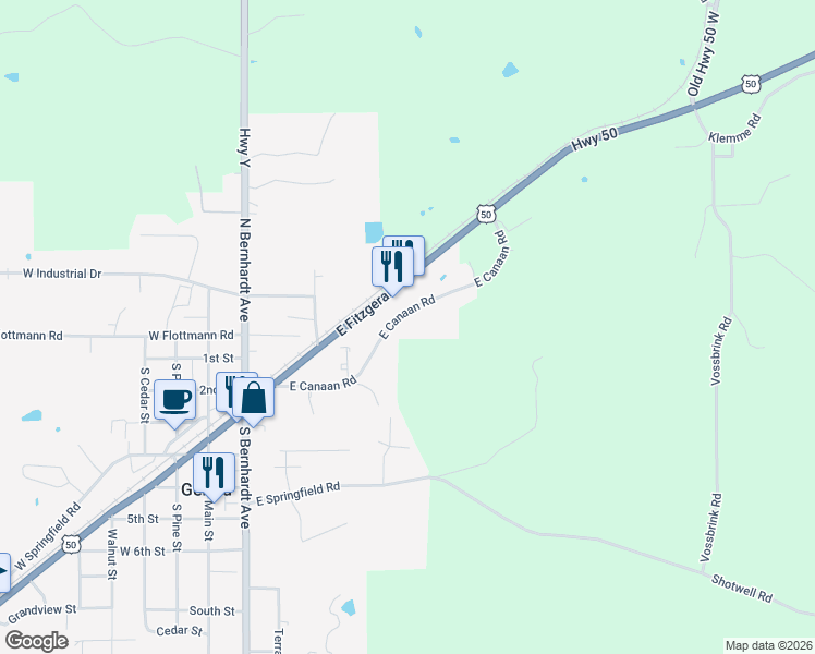 map of restaurants, bars, coffee shops, grocery stores, and more near 422 East Canaan Road in Gerald