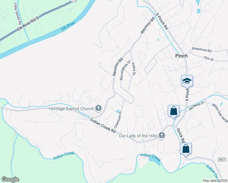 map of restaurants, bars, coffee shops, grocery stores, and more near 77 Morningside Drive in Elkview
