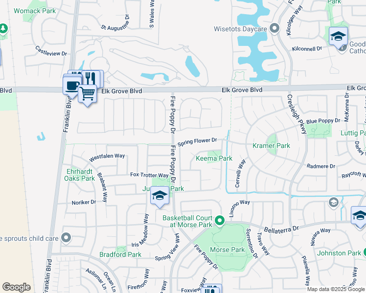 map of restaurants, bars, coffee shops, grocery stores, and more near 9701 Sand Hollow Way in Elk Grove