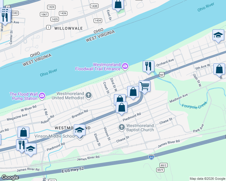 map of restaurants, bars, coffee shops, grocery stores, and more near 3305 Auburn Road in Huntington