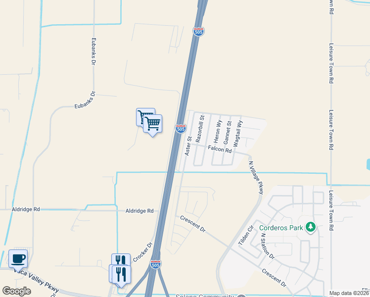 map of restaurants, bars, coffee shops, grocery stores, and more near 440 Aster Street in Vacaville