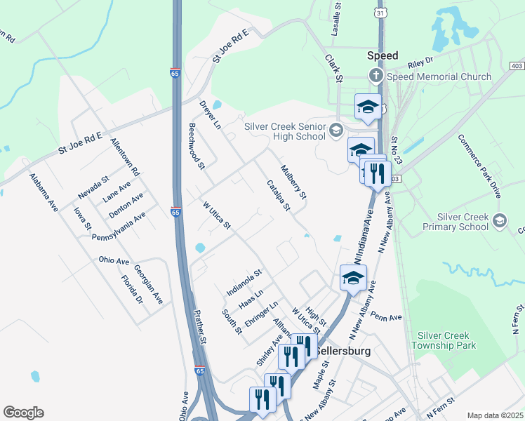 map of restaurants, bars, coffee shops, grocery stores, and more near 130 Applegate Lane in Sellersburg