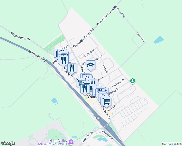 map of restaurants, bars, coffee shops, grocery stores, and more near 6554 Yount Street in Yountville