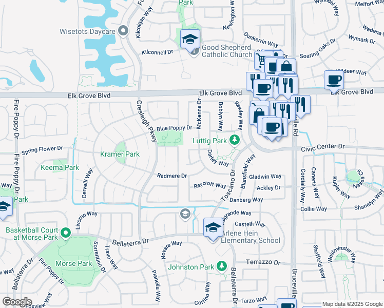 map of restaurants, bars, coffee shops, grocery stores, and more near 6605 Canner Court in Elk Grove