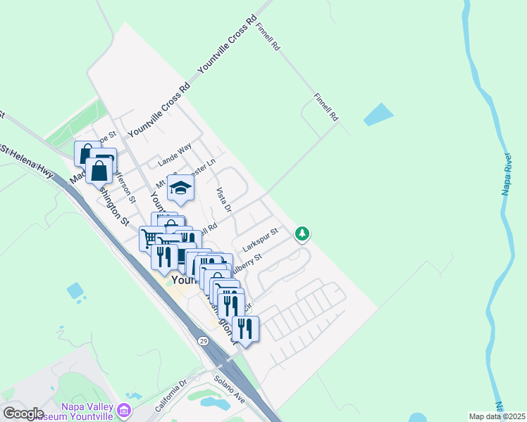 map of restaurants, bars, coffee shops, grocery stores, and more near 1875 Heritage Way in Yountville