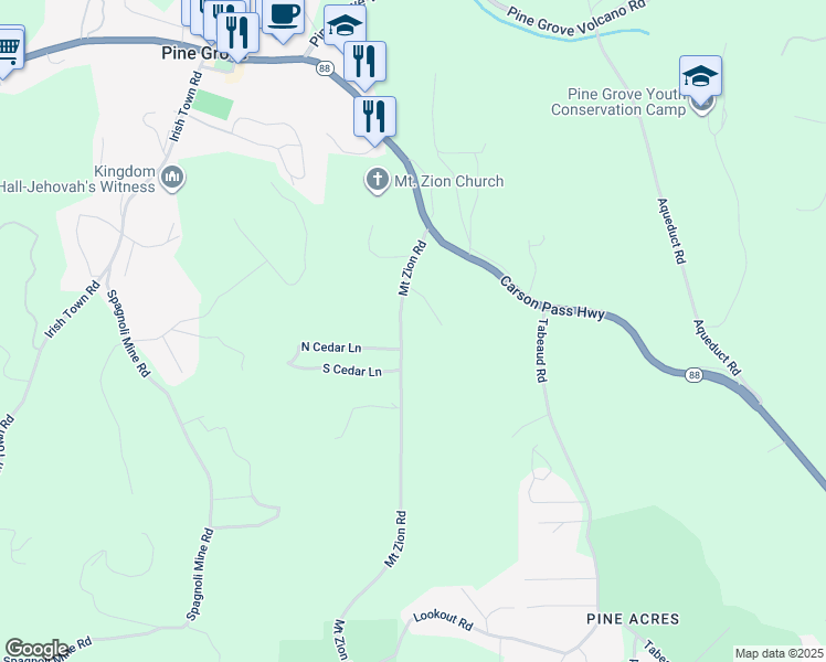 map of restaurants, bars, coffee shops, grocery stores, and more near 13638 Mount Zion Road in Pine Grove