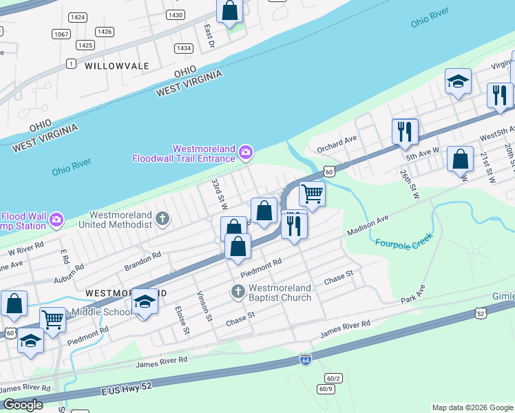 map of restaurants, bars, coffee shops, grocery stores, and more near 3120 Brandon Rd in Huntington