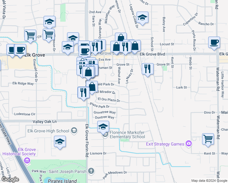 map of restaurants, bars, coffee shops, grocery stores, and more near 8968 El Mirador Drive in Elk Grove