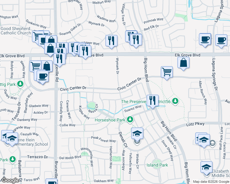 map of restaurants, bars, coffee shops, grocery stores, and more near 6601 Cordially Way in Elk Grove