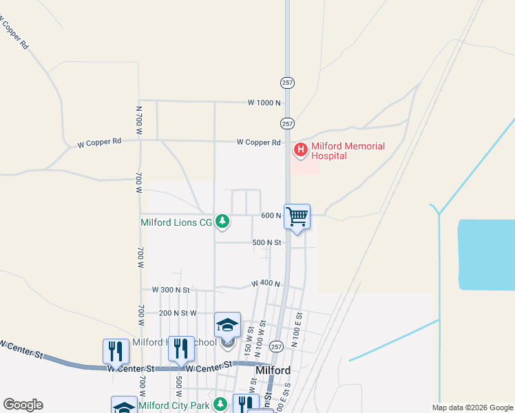 map of restaurants, bars, coffee shops, grocery stores, and more near 641 North 100 West Street in Milford