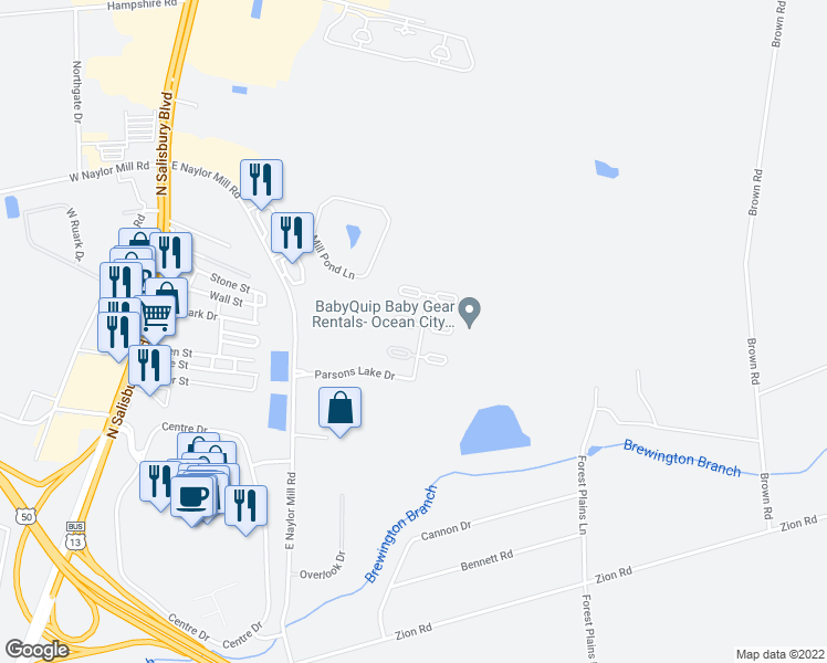 map of restaurants, bars, coffee shops, grocery stores, and more near 416 Talamore Court in Salisbury