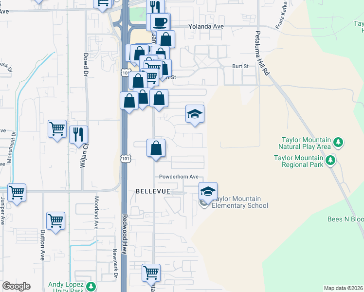 map of restaurants, bars, coffee shops, grocery stores, and more near 465 El Capitan Way in Santa Rosa