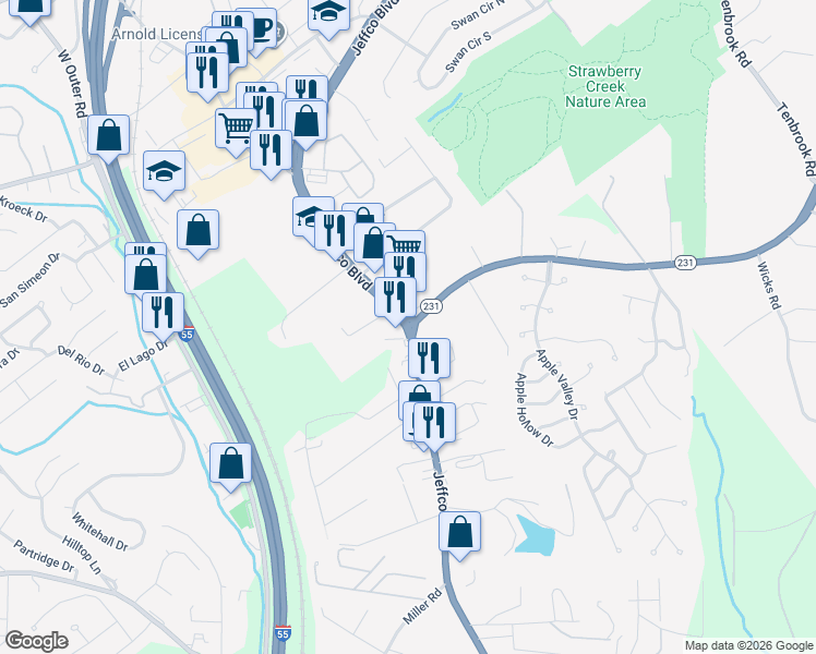 map of restaurants, bars, coffee shops, grocery stores, and more near Jeffco Blvd & Telegraph Rd in Arnold