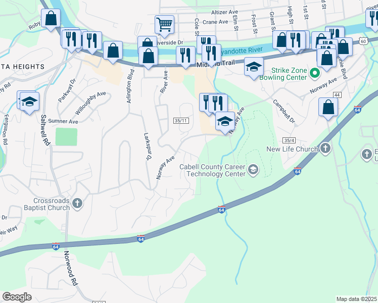 map of restaurants, bars, coffee shops, grocery stores, and more near 976 Dugan Street in Huntington